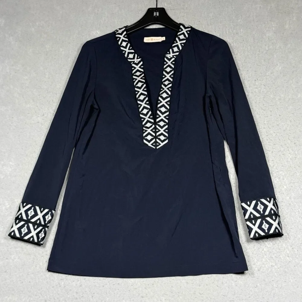 Tory Burch Tunic Top Women’s 6 Navy Blue Ariana Embroidered Knit Trim V Neck - Picture 1 of 13